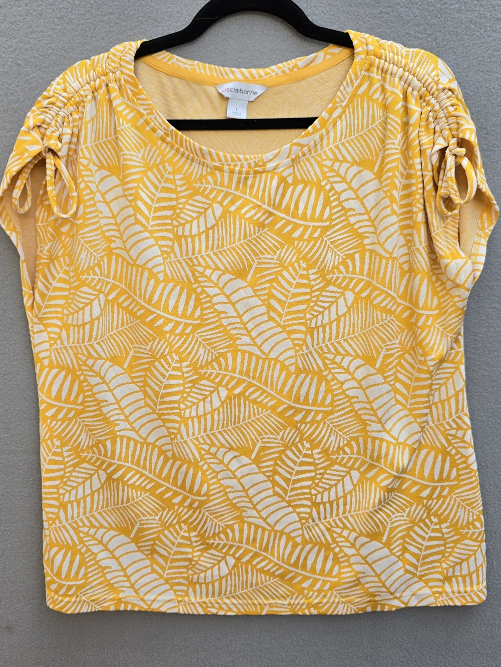 Liz Claiborne Yellow Leaf-Print Short Sleeve Top Size Large
